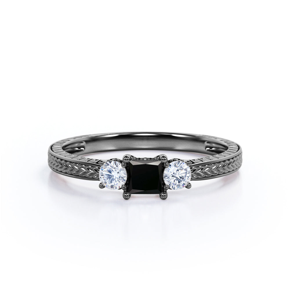 1 carat princess cut Black Diamond art deco engagement ring in white gold