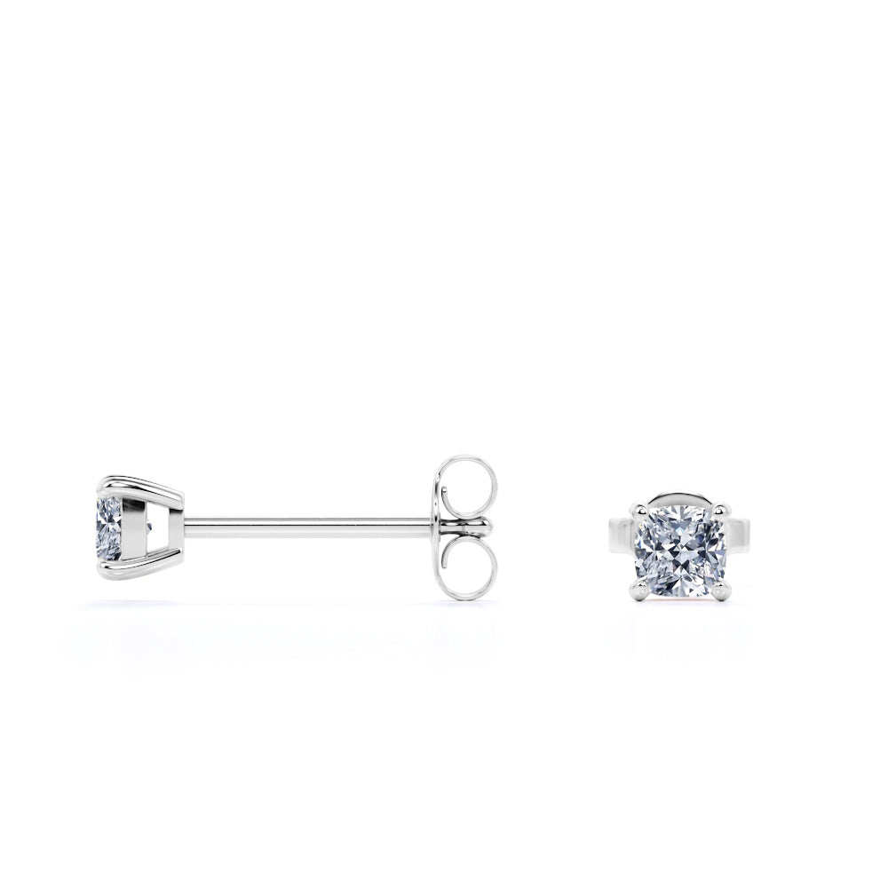 4 Prong - 0.20 Carat Cushion Cut Diamond - Solitaire Stud Earrings - 18K White Gold Plating Over Silver