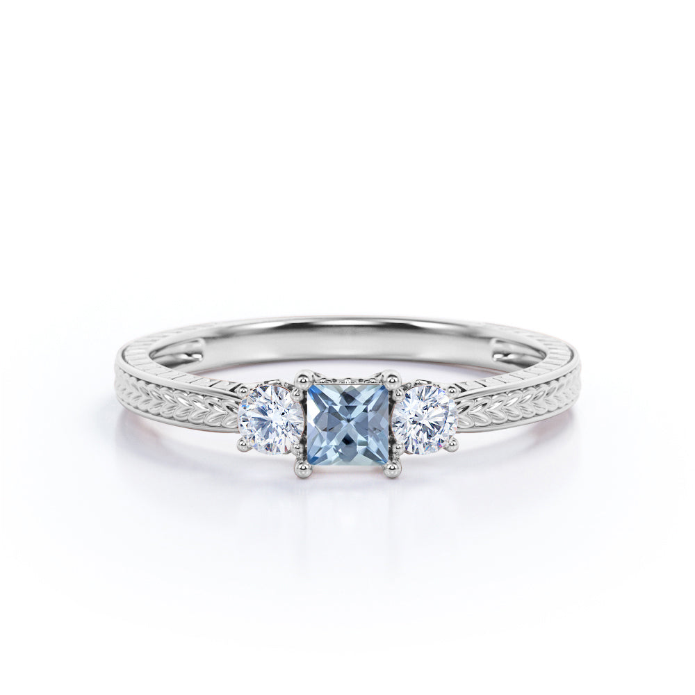 1 Carat Princess Cut Aquamarine And Diamond Vintage Engagement Ring In White Gold