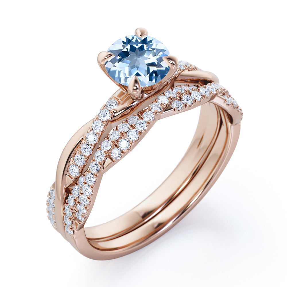 1.40 Carat Round Cut Aquamarine And Diamond Twisted Wedding Ring Set In White Gold