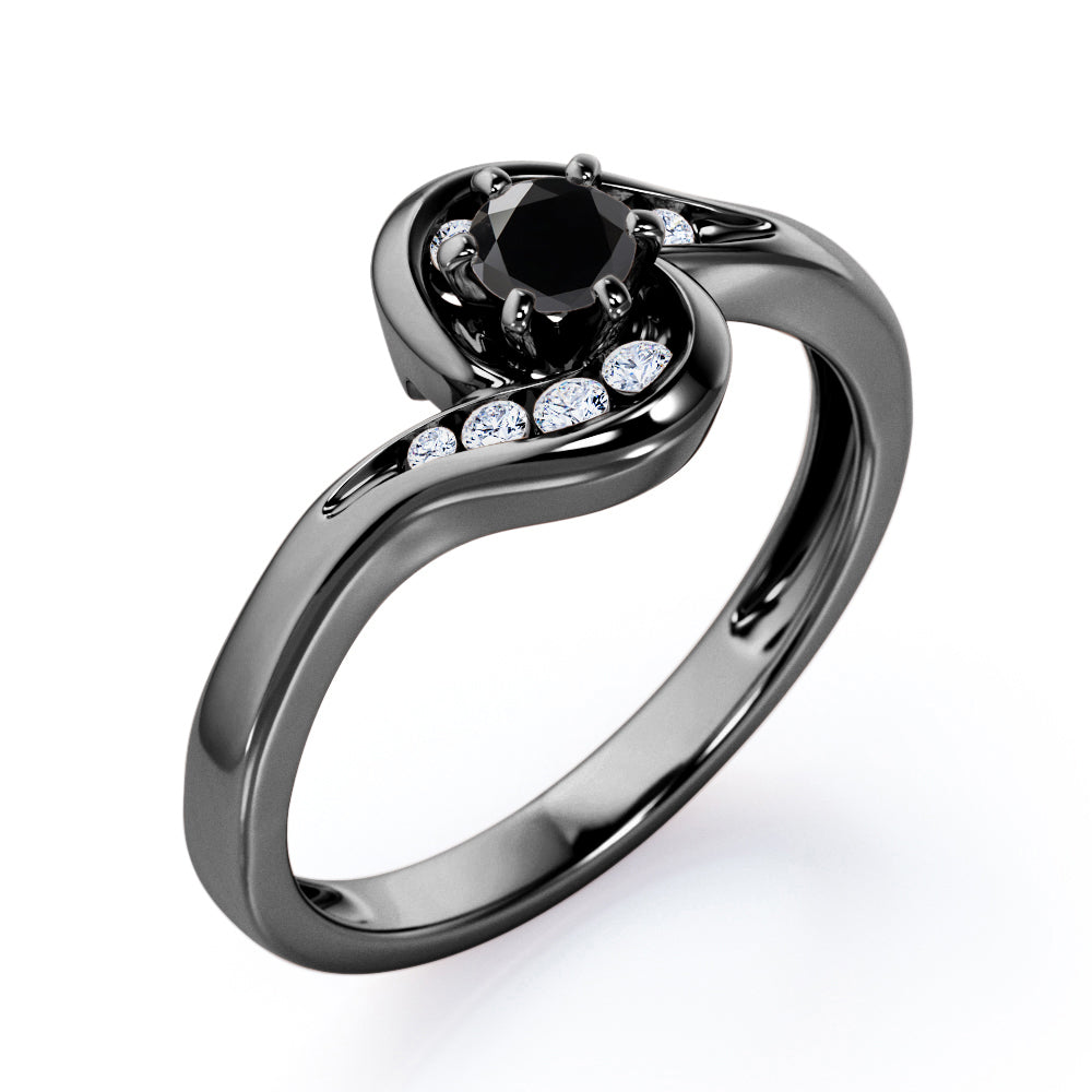 Whirly Gemstone 0.55 carat Round Black Diamond Artistic Engagement Ring in White Gold