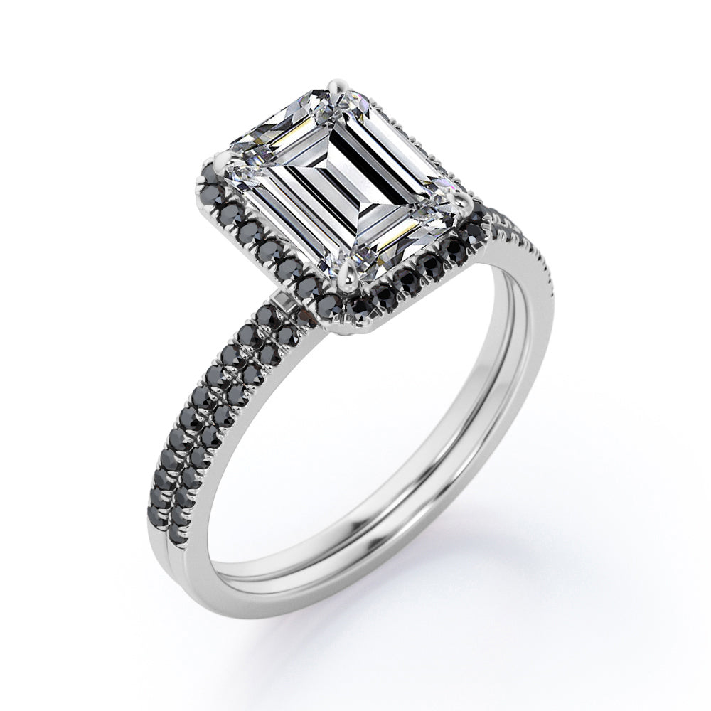 Pave Style - 1.75 TCW Emerald Cut Moissanite with Lab Created Black Diamond - Halo Setting Wedding Ring Set in Black Gold