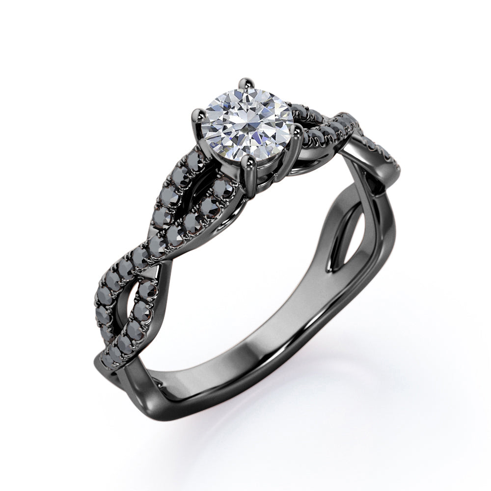 Twisted Pave Setting 1.65 TCW Round Brilliant Cut Moissanite with Lab Created Black Diamond 4-Prong Engagement Ring in White Gold