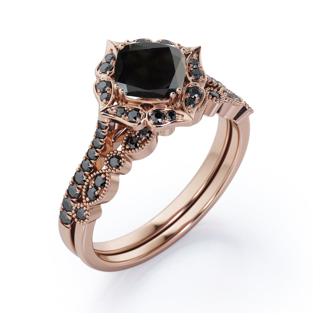 Vintage Filigree Halo - 1.65 TCW Cushion Cut Lab Created Black Diamond - Pave Accented Bridal Ring Set in White Gold