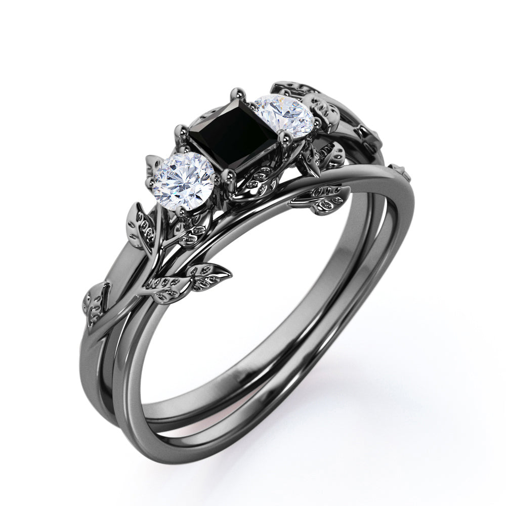 1.25 carat princess cut Black Diamond nature inspired wedding ring set in white gold