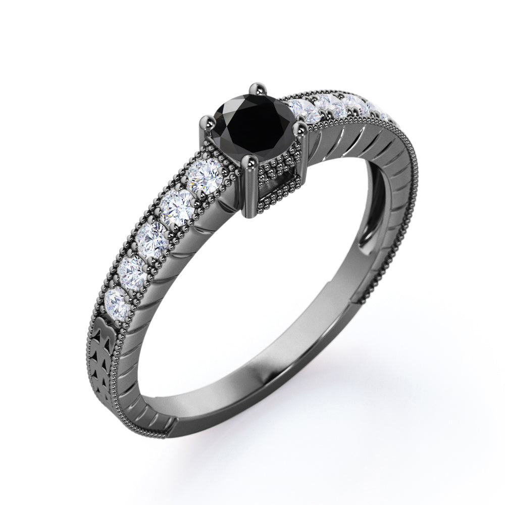 1.10 Carat Round Cut Lab Grown Black Diamond Vintage Milgrain Engagement Ring In White Gold