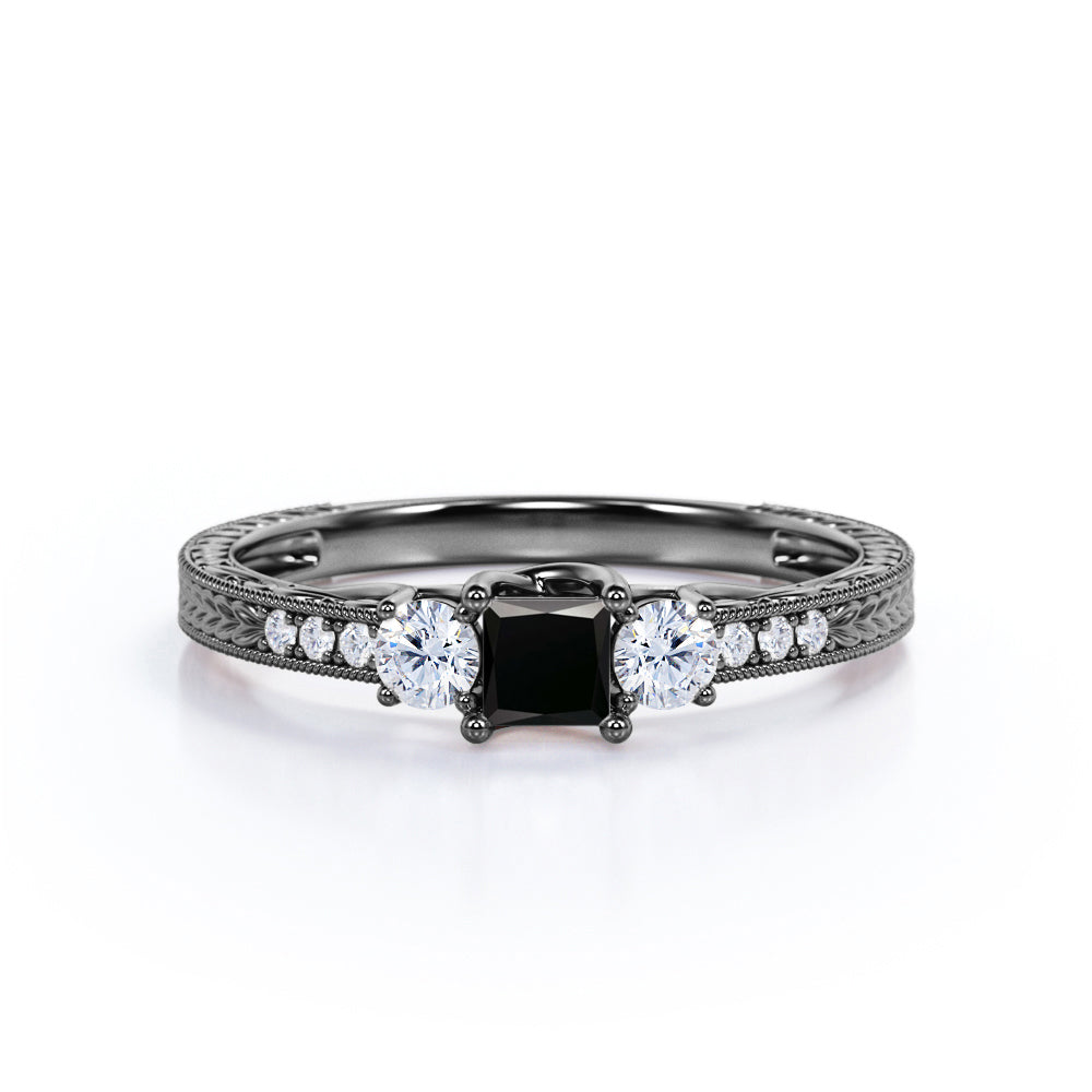 1 carat princess cut Black Diamond vintage milgrain engagement ring in white gold