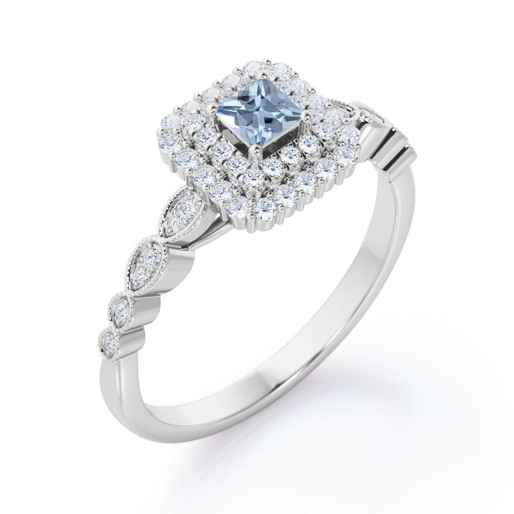 1.4 Carat Princess Cut Aquamarine And Diamond Cluster Engagement Ring In White Gold