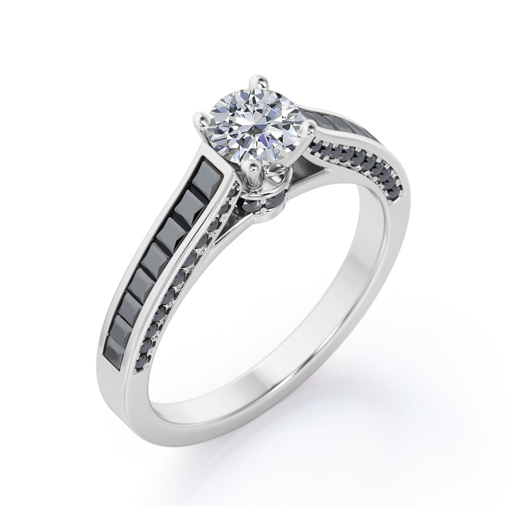 1.4 TCW Round Shape Moissanite with Lab Created Black Diamond - Pave and Channel - Cathedral Engagement Ring in White Gold