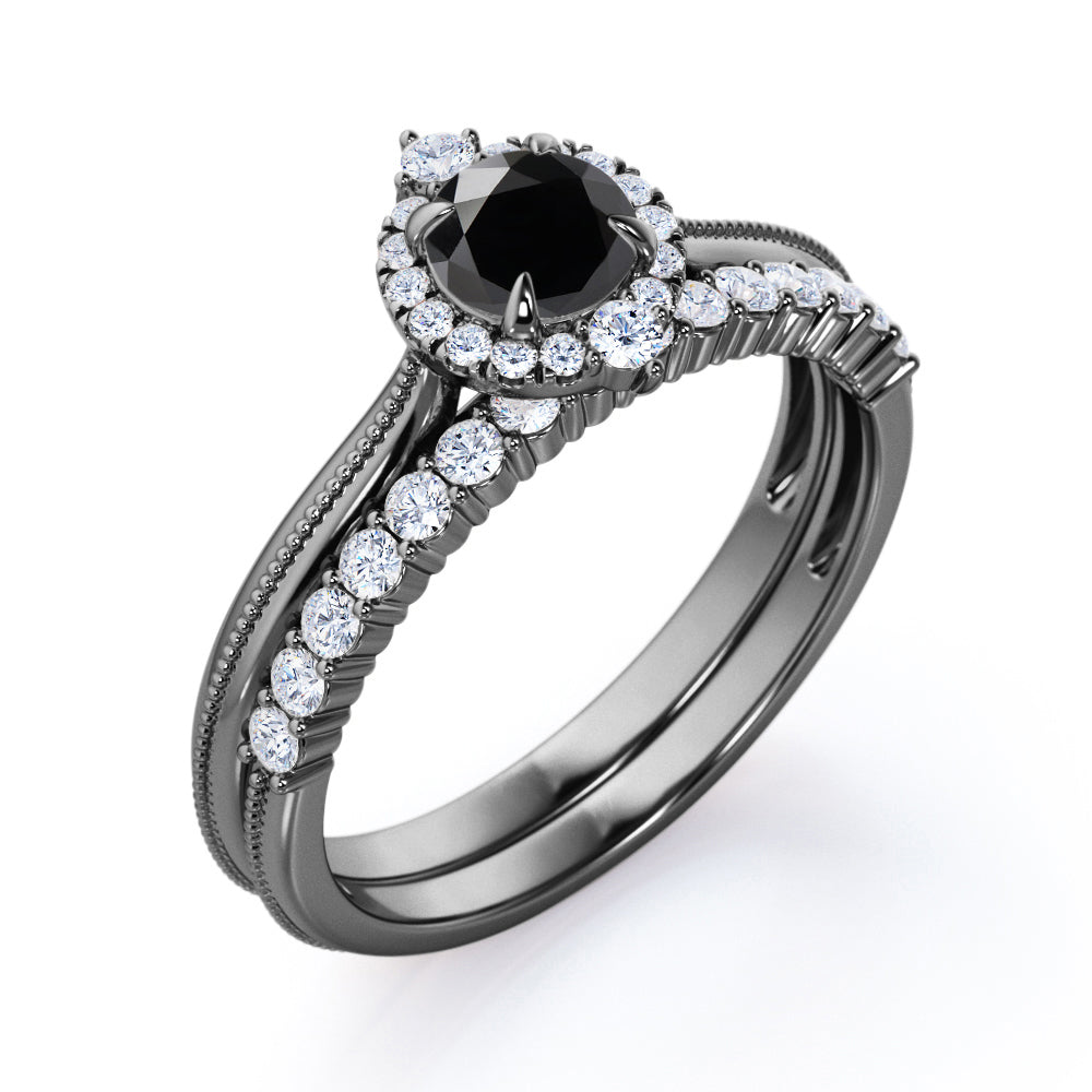 1.25 carat round cut Black Diamond filigree bridal set in white gold