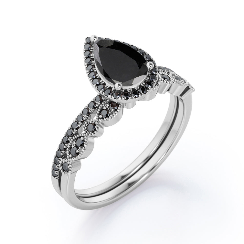 Art-Deco Milgrain Filigree 1.65 TCW Teardrop Lab Created Black Diamond Pave Wedding Ring Set in White Gold