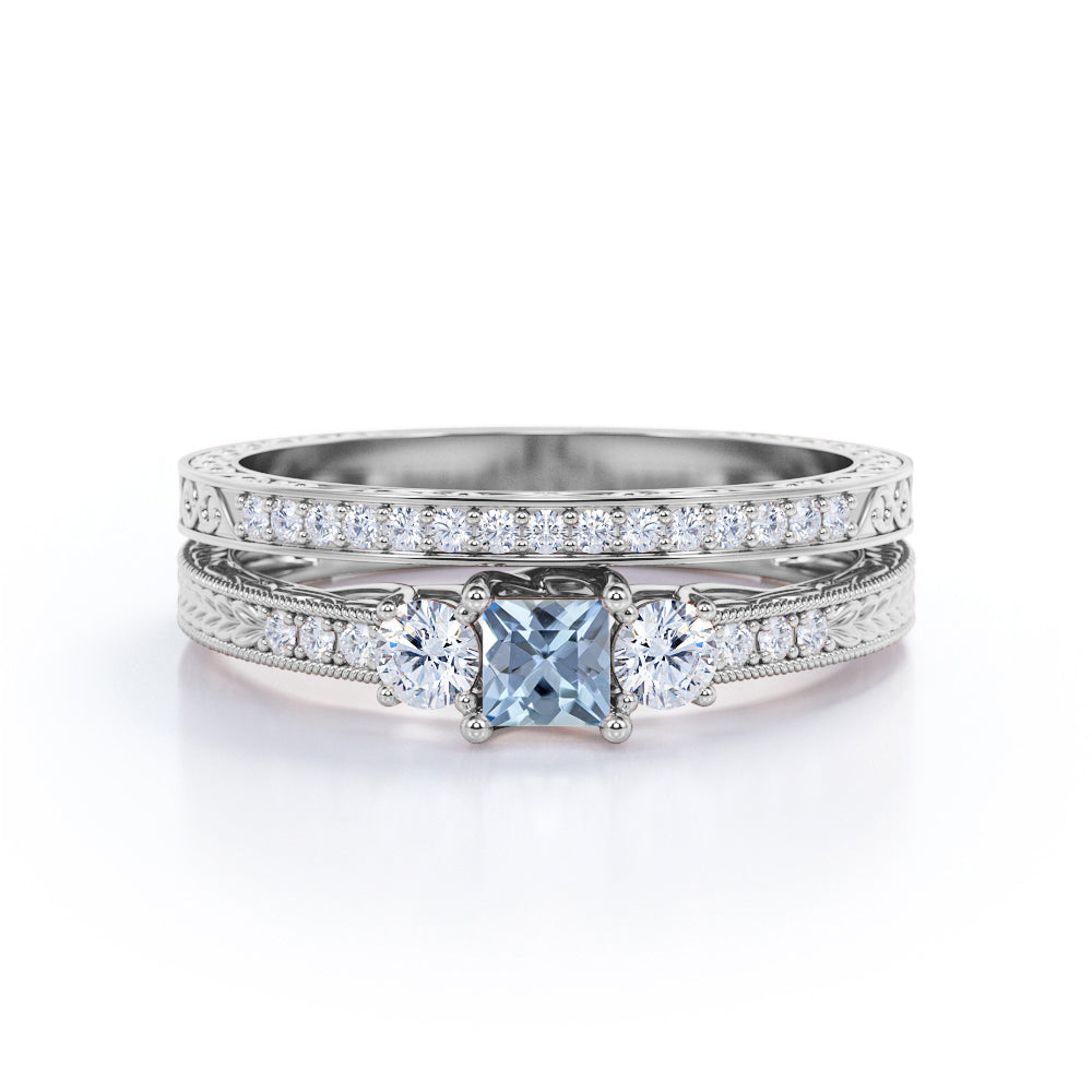 1.35 Carat Princess Cut Aquamarine And Diamond Antique Wedding Ring Set In White Gold