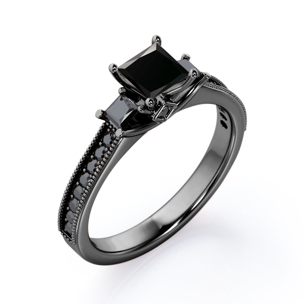 Trilogy Cathedral Prong - 1.4 TCW Princess Cut Lab Created Black Diamond - Milgrain Pave Channel Engagement Ring in White Gold