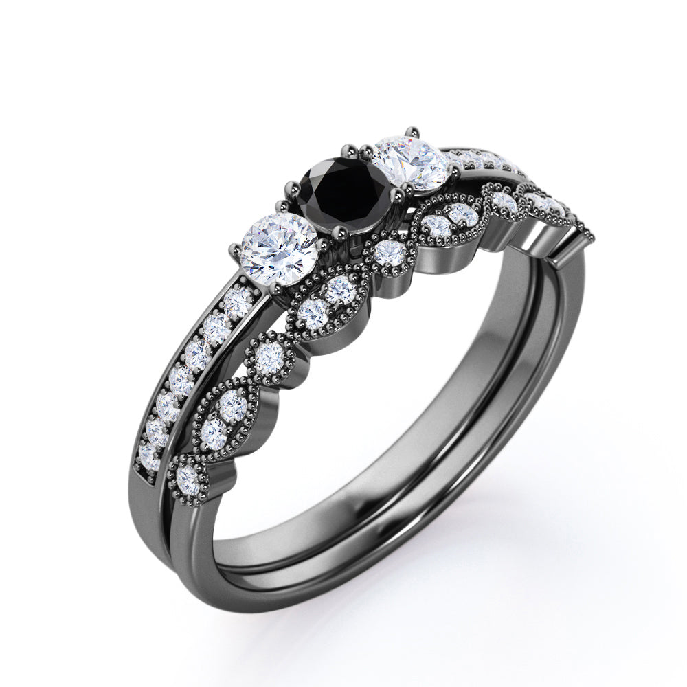 1.45 Carat Round Cut Lab Grown Black Diamond Trilogy Wedding Ring Set In White Gold