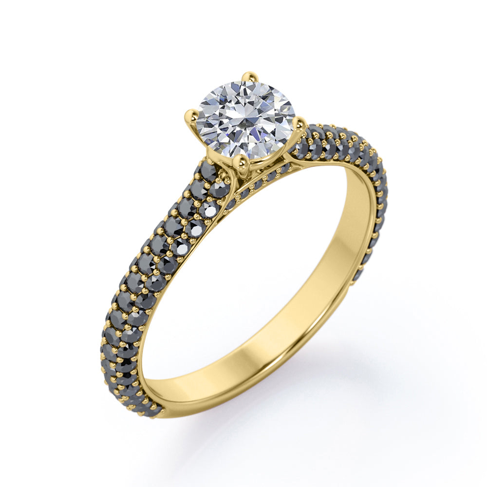 3-Row Micro Pave - 0.6 TCW Round Shaped Diamond with Lab Created Black Diamond - Cathedral Engagement Ring - 10K White Gold