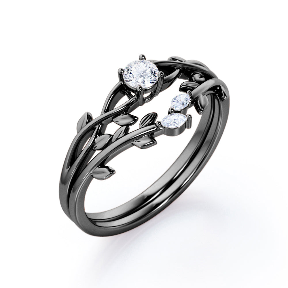 Nature-Inspired 0.35 TCW Round Brilliant Cut Diamond Branch Leaves Bridal Ring Set in White Gold