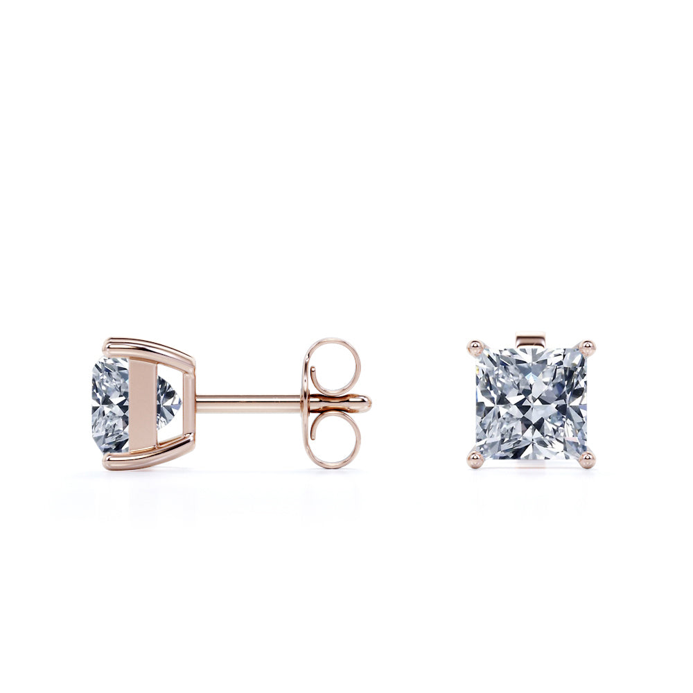 4 Prong - 1 Carat Princess Cut Diamond - Solitaire Stud Earrings - 18K Rose Gold Plating Over Silver