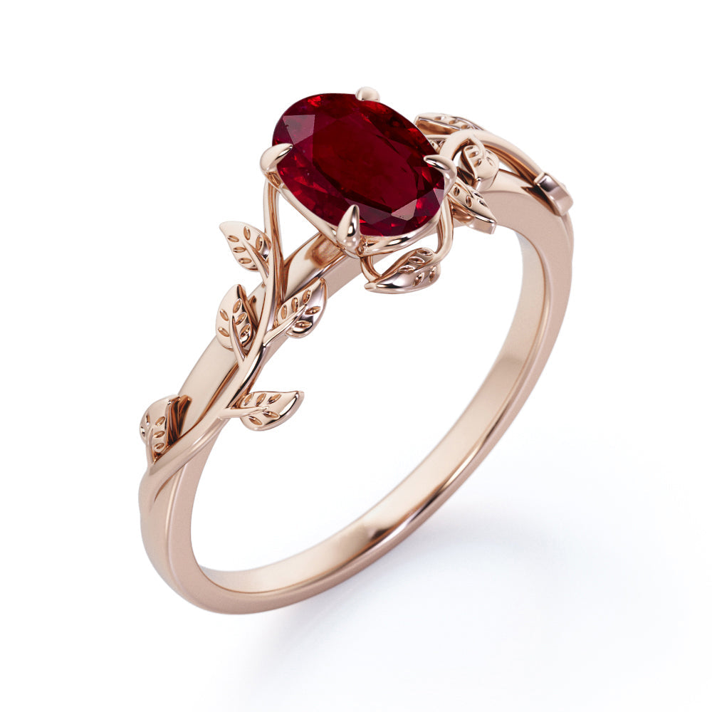 1 carat Oval Cut Lab-created Ruby Leaf Vine Engagement ring in White Gold