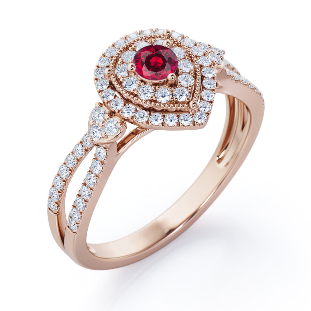 Pear-Shaped Double Halo - 1.7 Carat Round Cut Ruby - Pave Split Shank Engagement Ring in White Gold