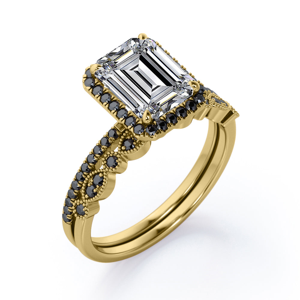 Art Deco Filigree Milgrain 1.65 TCW Emerald Cut Moissanite with Lab Created Black Diamond Halo-Style Wedding Set in Rose Gold