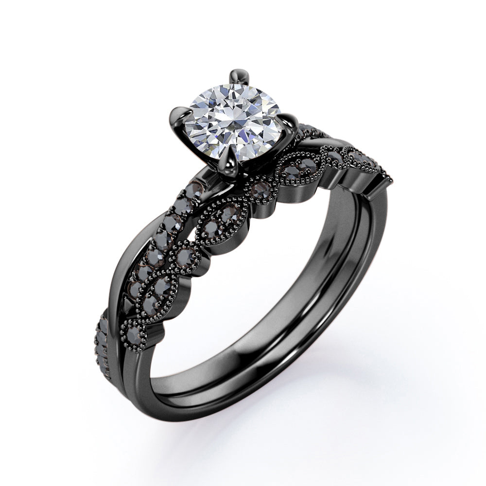 Milgrain Filigree Decorated 1.6 TCW Round Shaped Moissanite with Lab Created Black Diamond Twisted Pave Wedding Set in White Gold