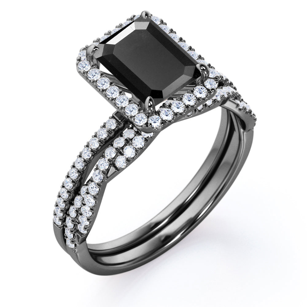 1.50 carat emerald cut Black Diamond halo wedding ring set in white gold