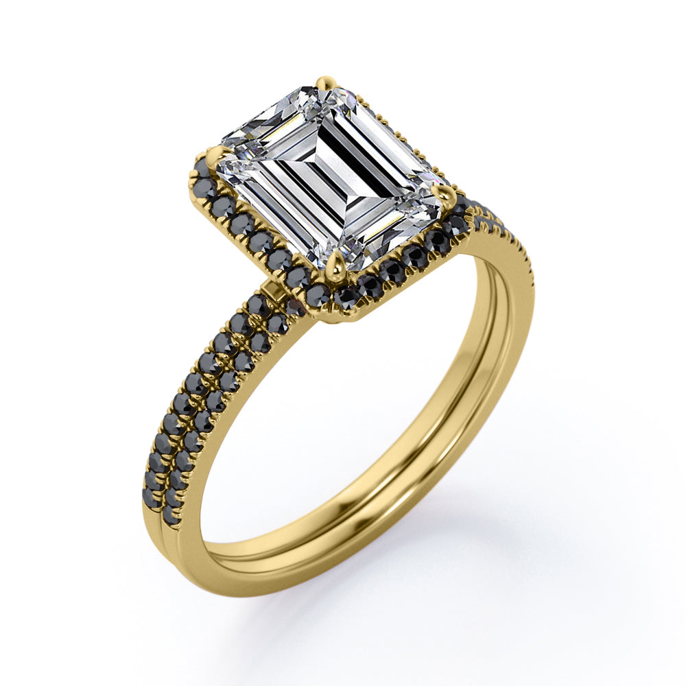 Pave Style - 1.75 TCW Emerald Cut Moissanite with Lab Created Black Diamond - Halo Setting Wedding Ring Set in Black Gold