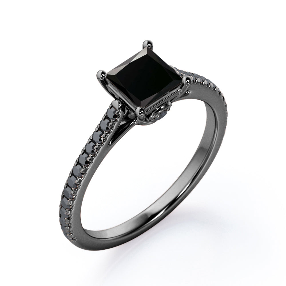 1.25 TCW Princess Cut Lab Created Black Diamond - Pave Setting - Prong Engagement Ring in White Gold