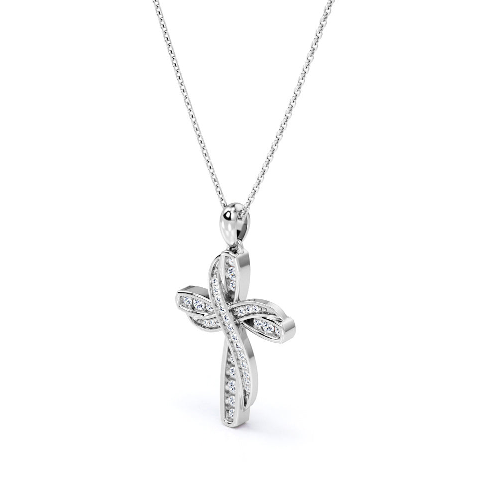 2-Layered 0.2 TCW Round Cut Moissanite Pave-Channel Cross Pendant Necklace in 18K White Gold Plating over Silver