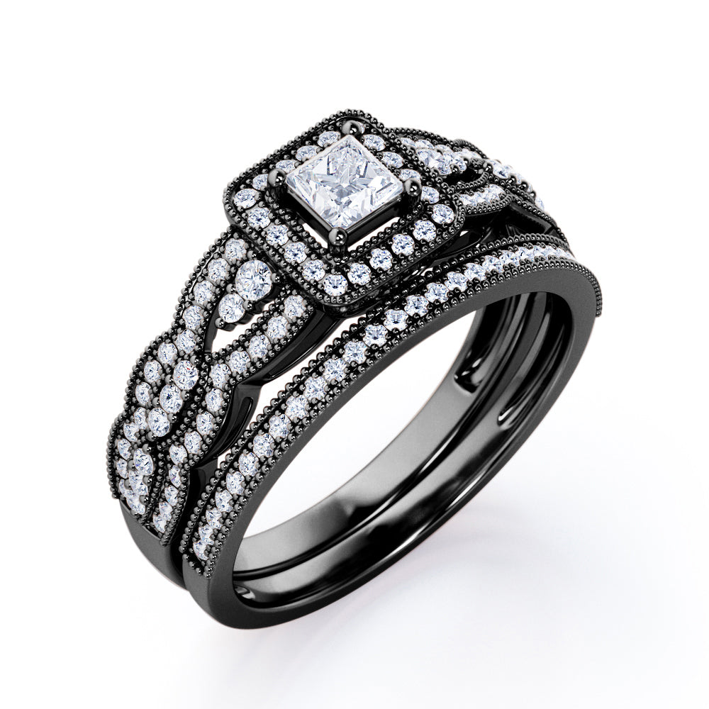 Triple Curved Pave Band - 0.65 TCW Princess Cut Diamond - Milgrain Halo-Channel Bridal Set - 10K White Gold