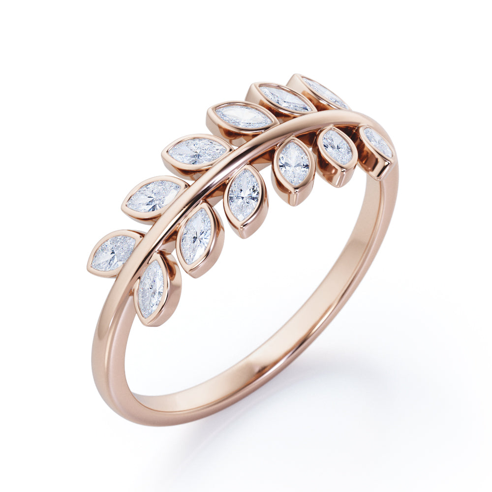 Inspired by Nature - 0.25 TCW Marquise Shaped Moissanite - Olive Leaf Stackable Ring - Black Gold