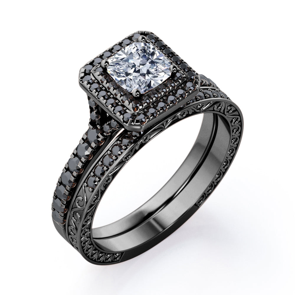 Art-Deco Pave Accented 0.65 TCW Princess Cut Diamond with Lab Created Black Diamond Double Halo Bridal Ring Set in 10K White Gold