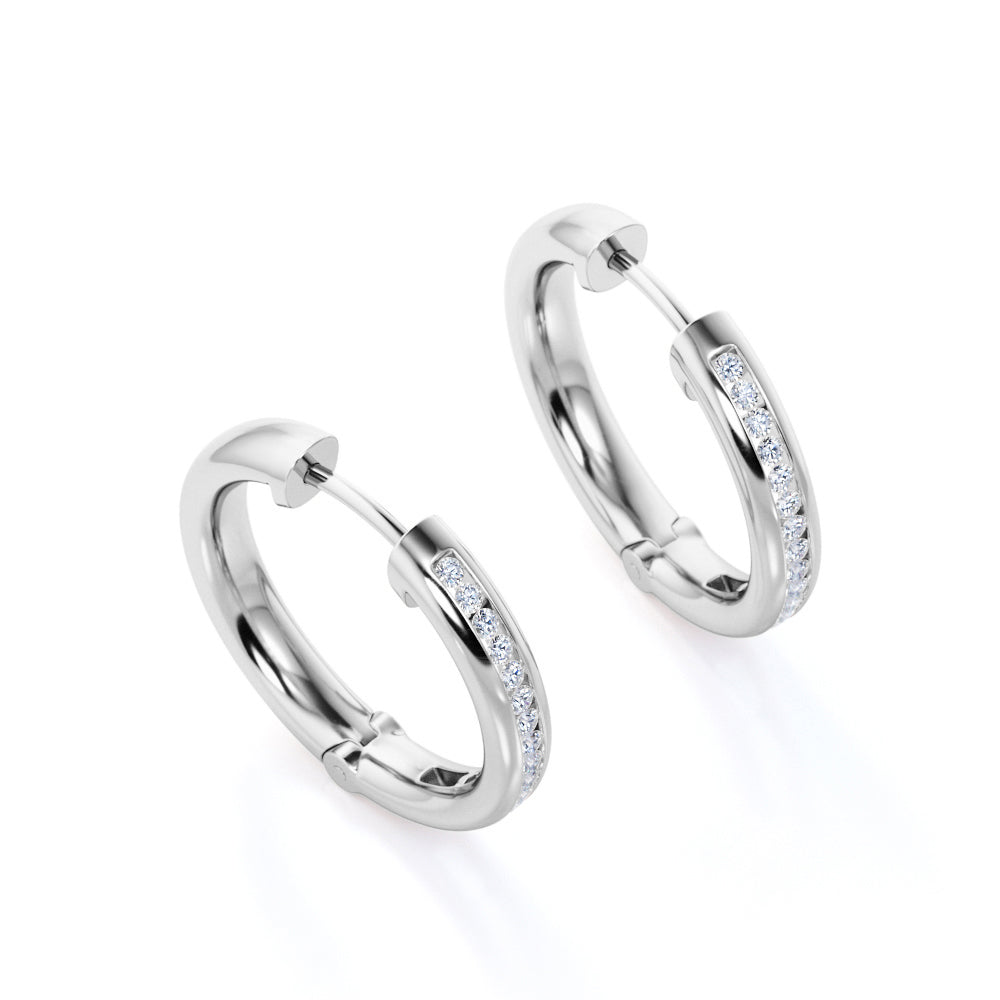 Alluring Half Eternity - 0.7 Carat Round Shape Diamond - Pave Channel - Chunky Hoop Earrings - 18K Black Gold Plating over Silver