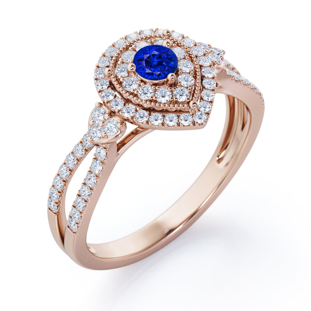 Pear-Shaped Double Halo - 1.7 Carat Round Cut Blue Sapphire and diamond - Pave Split Shank Engagement Ring in White Gold