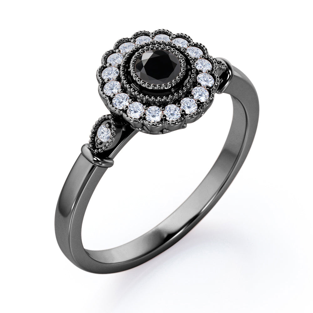 Milgrain Flower Halo 1.2 carat Carat Round Brilliant Cut Black Diamond Trilogy Bezel Engagement Ring in White Gold