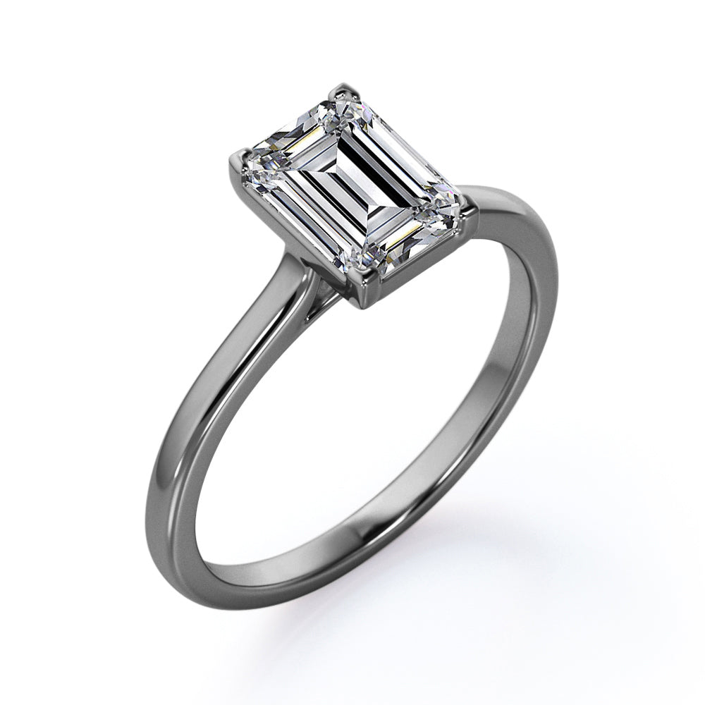 Minimalist - 1 Carat Cubic Zirconia Emerald Cut - Solitaire Prong Set Right Hand Ring - 18K White Gold Plating over Silver