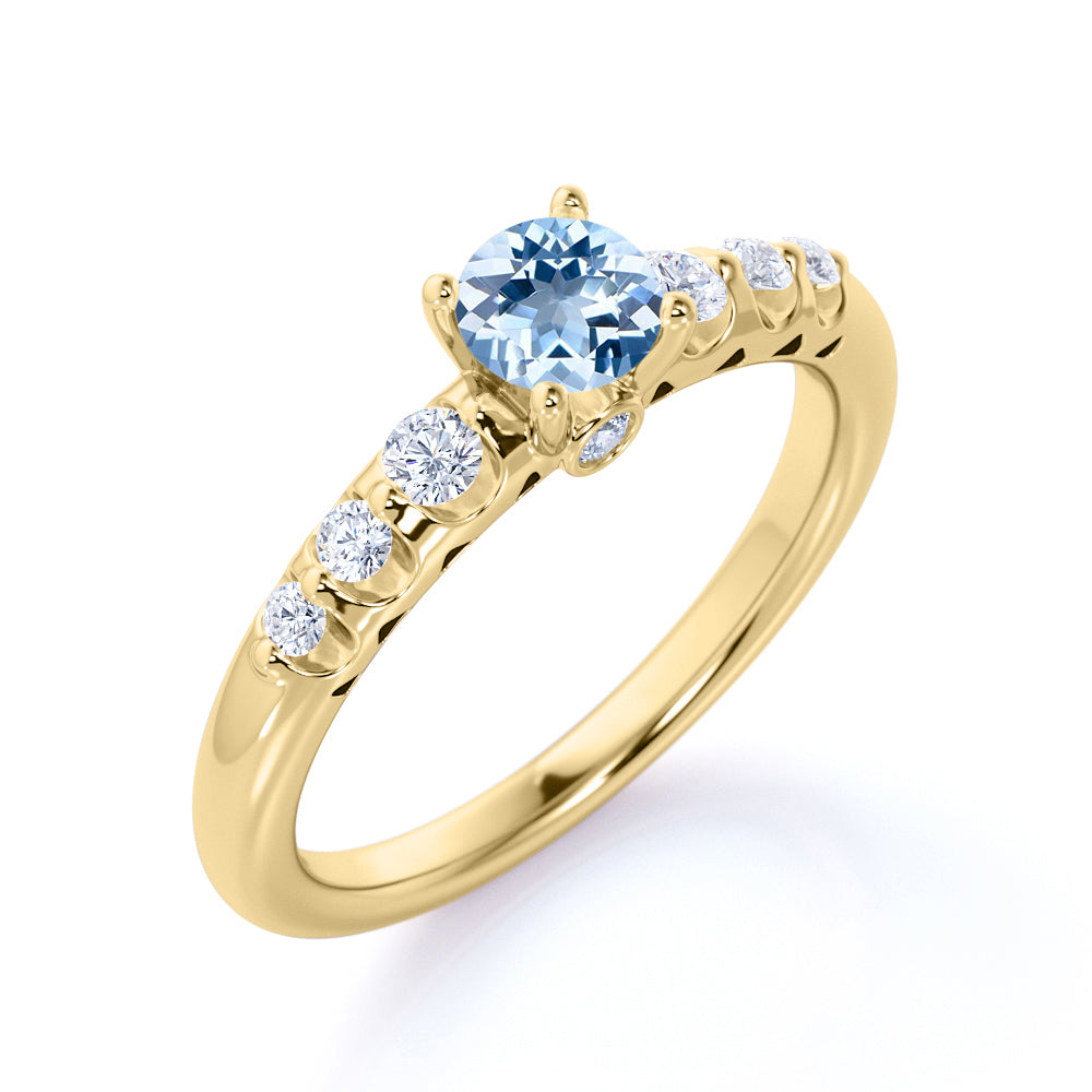 1 carat Round Light Blue Created Aquamarine 7 Stone Milgrain Engagement Ring in 18k Yellow Gold over Silver