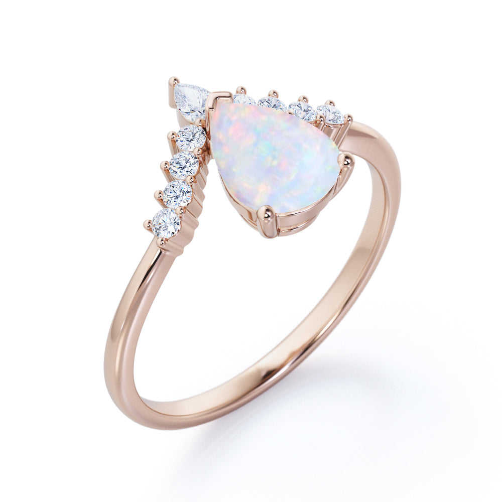 Modern 1.25 Carat Pear Cut White Opal And Diamond V Shaped Style Engagement Ring For Women In White Gold