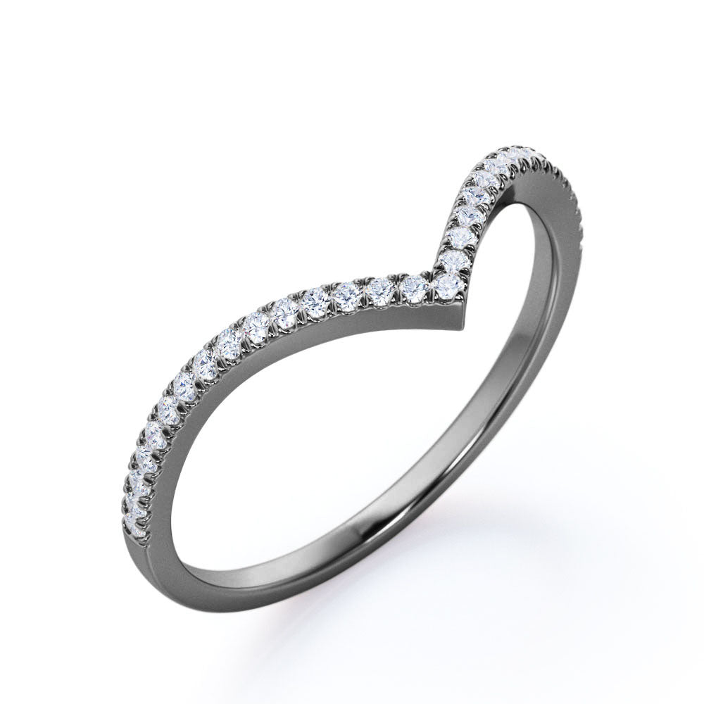 V-Shaped 0.25 Carat Cubic Zirconia Round Shaped - Scalloped Pave Wedding Band - 18K White Gold Plating over Silver