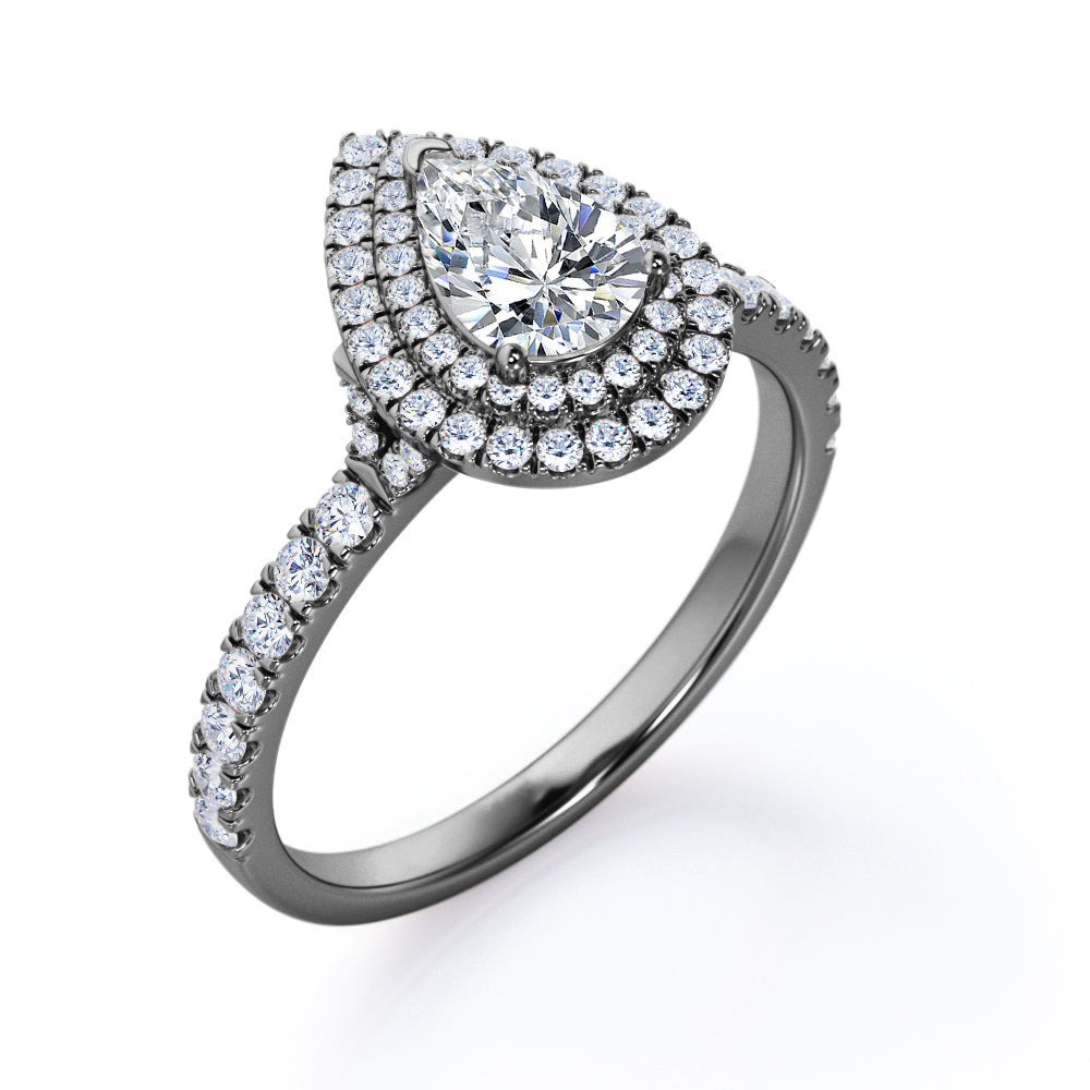 1.5 Carat Cubic Zirconia Pear Cut - Duo Halo Setting - Pave Design Engagement Ring - 18K White Gold Plating over Silver