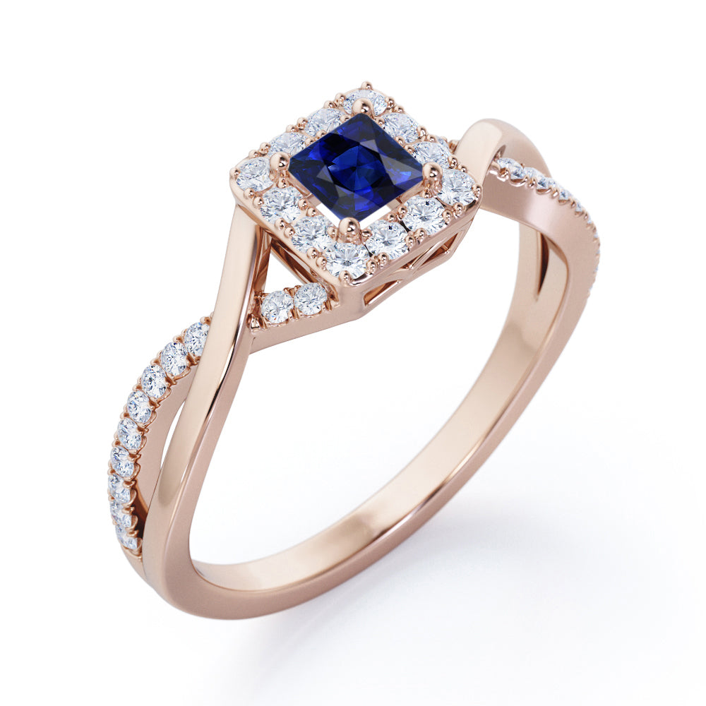 1.25 Carat Princess Cut Blue Lab-Created Sapphire and diamond - Half Crossover Pave - Halo Engagement Ring in White Gold