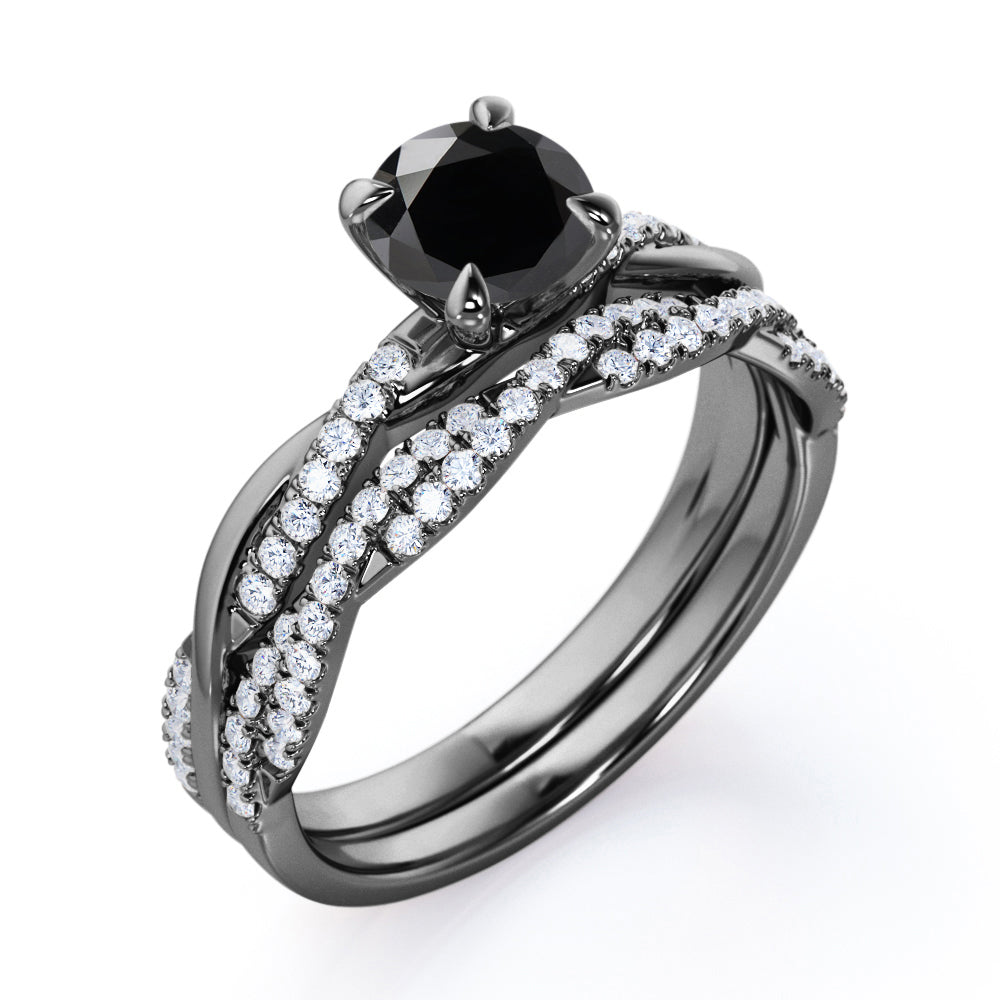 1.75 carat round cut Black Diamond twisted wedding ring set in white gold