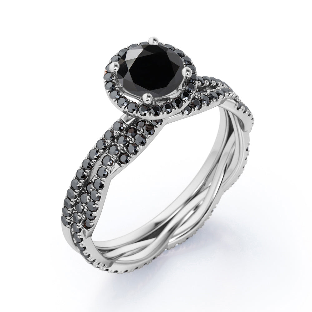 Pave Twisted Eternity 1.75 TCW Round Brilliant Cut Lab Created Black Diamond Halo-Style Wedding Ring Set in White Gold