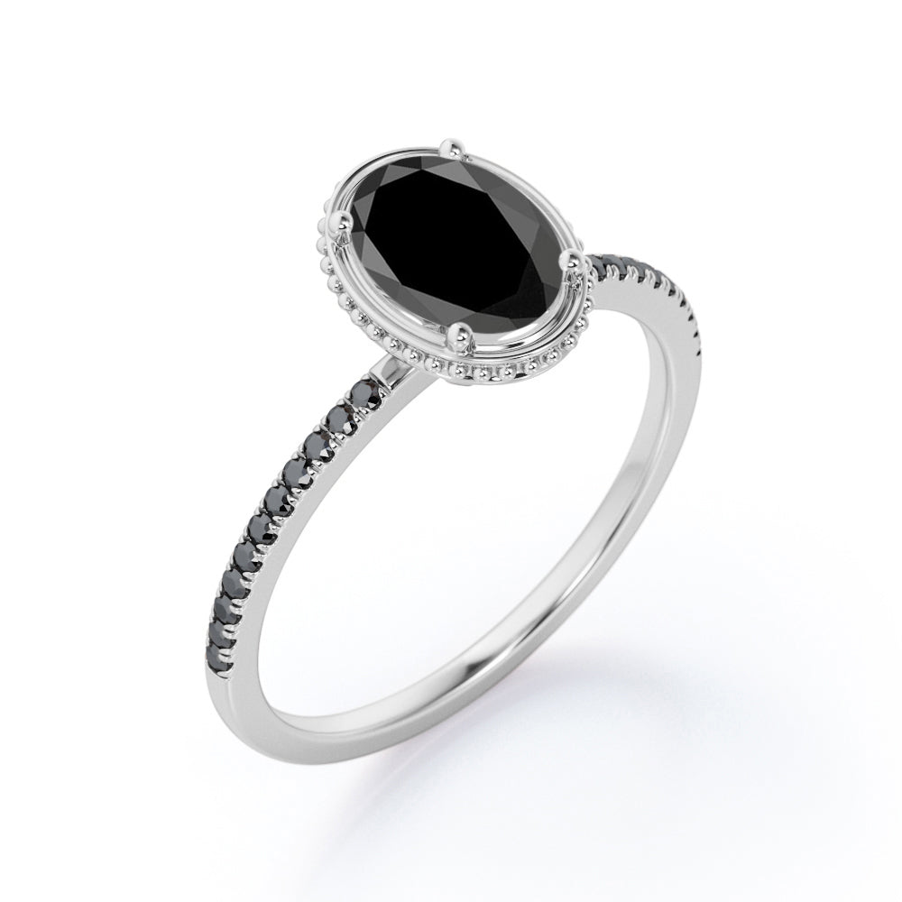 Milgrain Bezel Prong 1.5 TCW Oval Cut Lab Created Black Diamond Pave Style Engagement Ring in White Gold