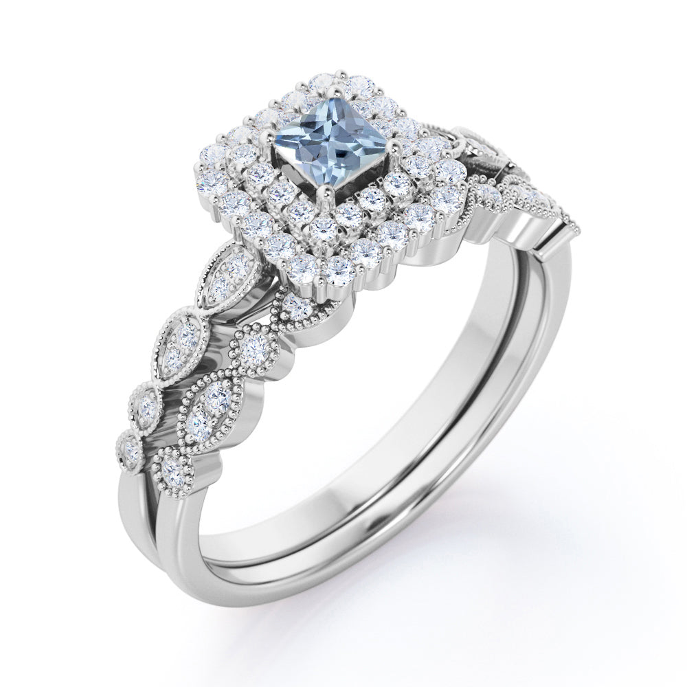 1.45 Carat Princess Cut Aquamarine And Diamond Cluster Wedding Ring Set In White Gold