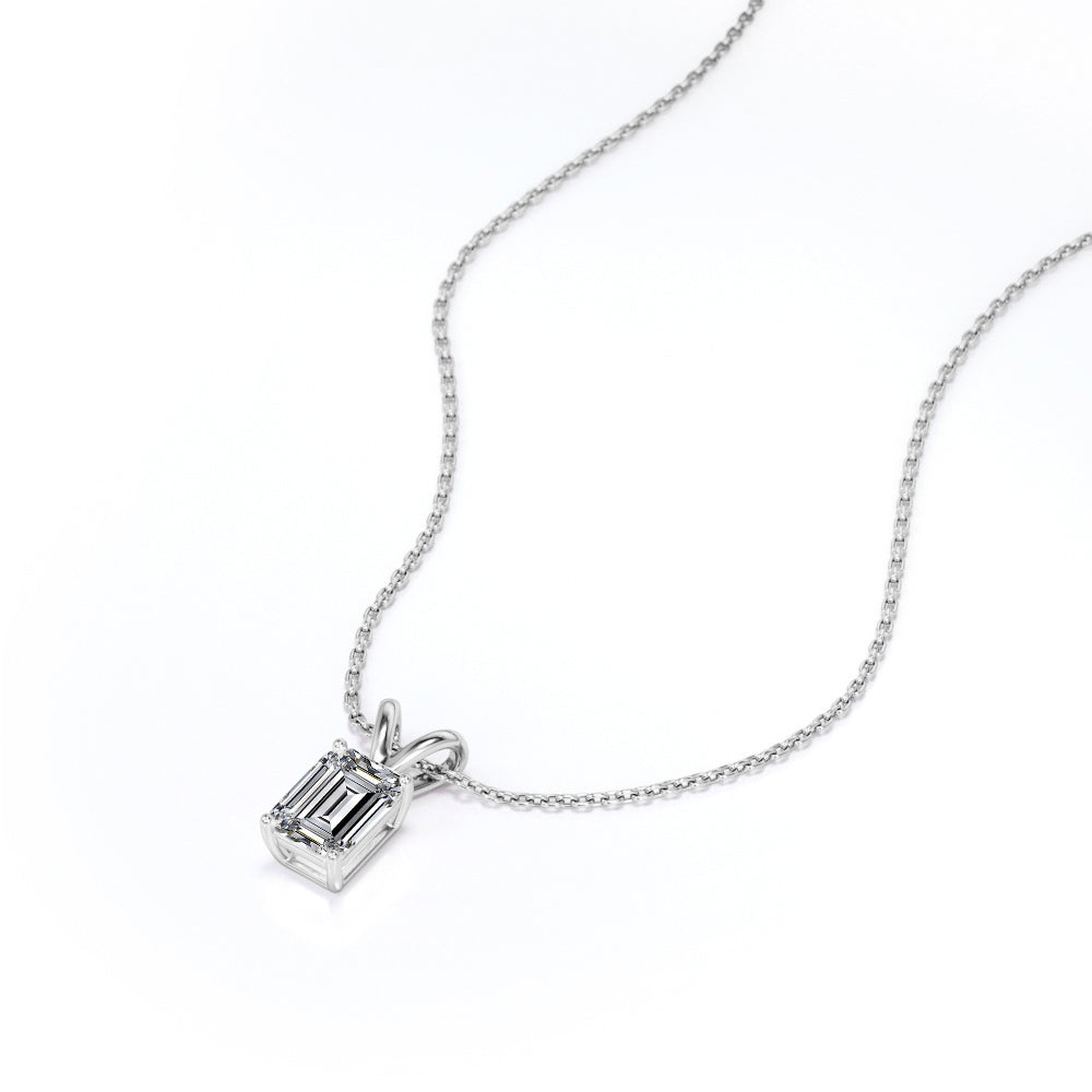 2 Carat Emerald Cut Cubic Zirconia Solitaire Pendant Necklace in 18K White Gold over Brass