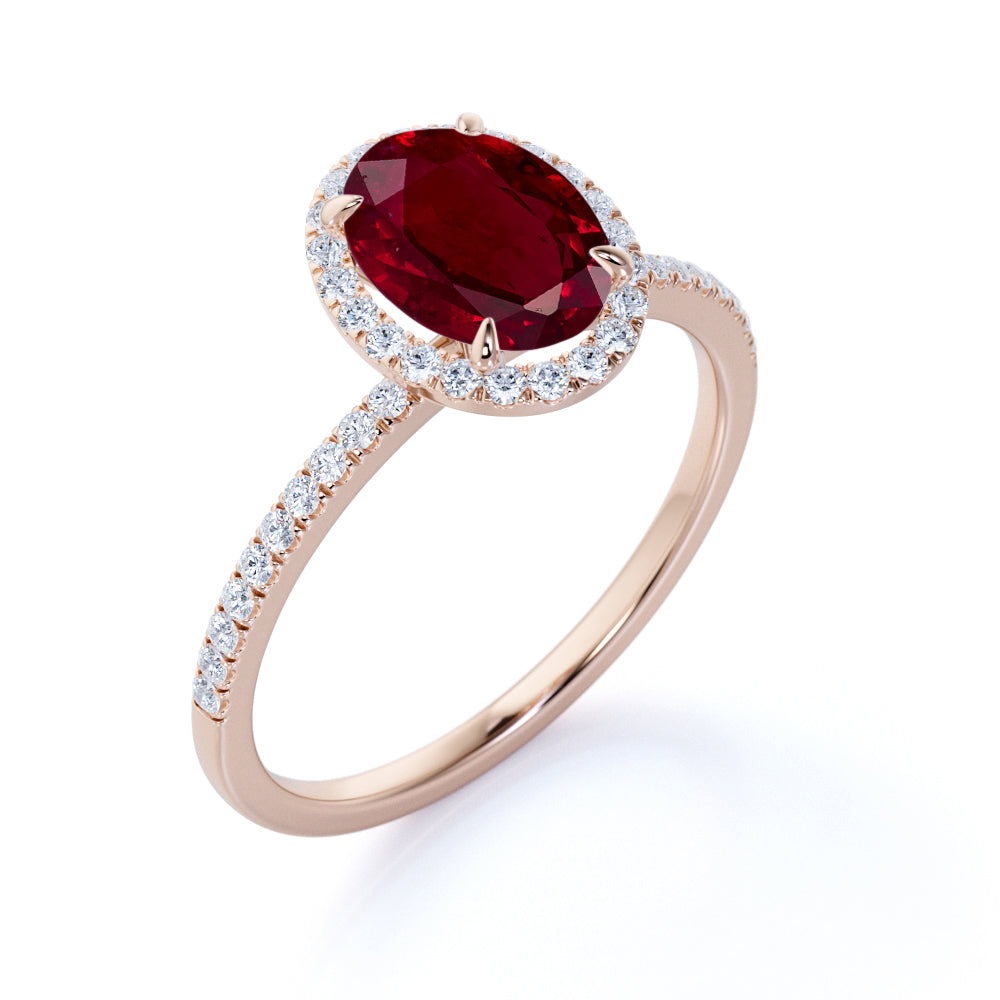 Antique 1.25 Carat Oval Cut Lab-Created Ruby and Diamond Halo Engagement Ring in Rose Gold