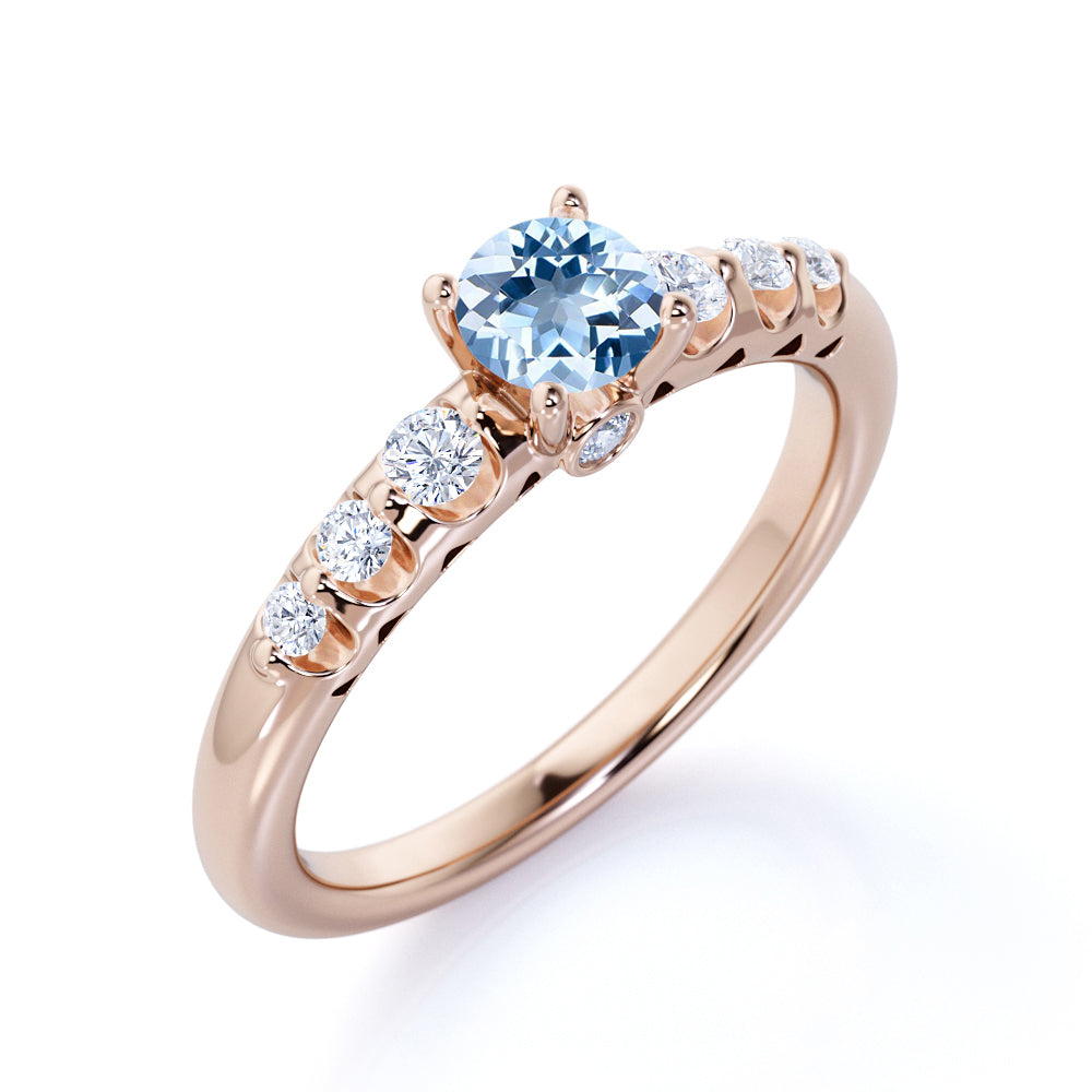 1 carat Round Dark Blue Created Aquamarine 7 Stone Antique Engagement Ring in 18k Rose Gold over Silver