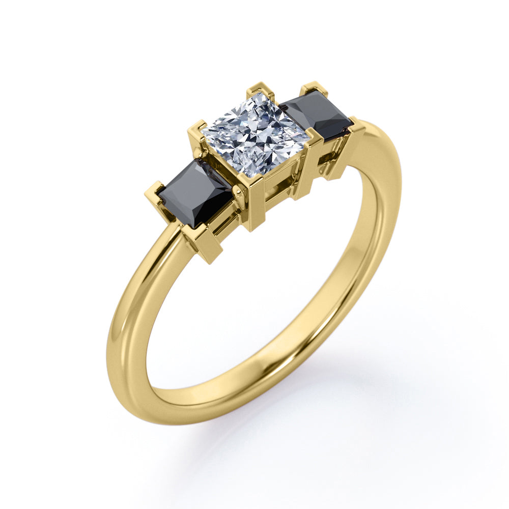 Minimalist Square V-Prong - 1.2 TCW Princess Cut Moissanite with Lab Created Black Diamond - Three-Stone Engagement Ring in Rose Gold