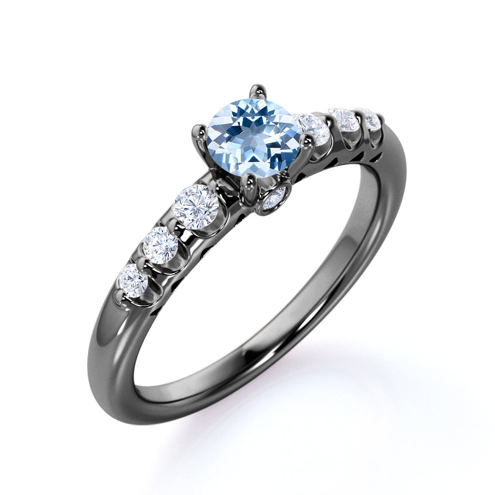 1 carat Round Dark Blue Created Aquamarine 7 Stone Antique Engagement Ring in 18k Rose Gold over Silver